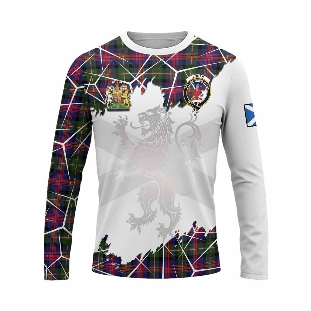 Logan Tartan Long Sleeve T-Shirt with Family Crest and Lion Rampant Grunge Style