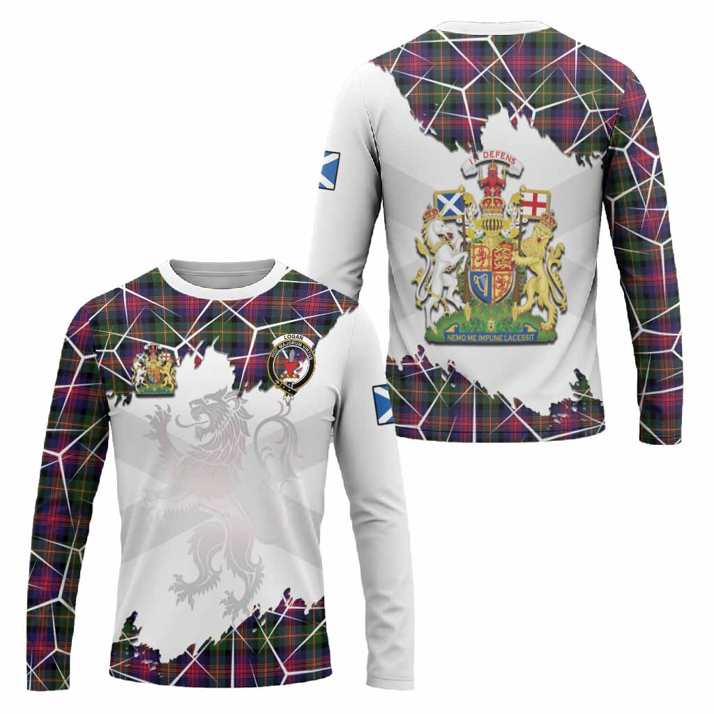 Logan Tartan Long Sleeve T-Shirt with Family Crest and Lion Rampant Grunge Style