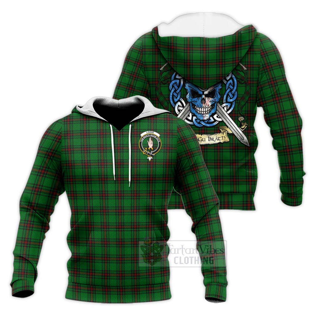 Logie Tartan Knitted Hoodie with Family Crest Celtic Skull Style Unisex Knitted Pullover Hoodie - Tartan Vibes Clothing