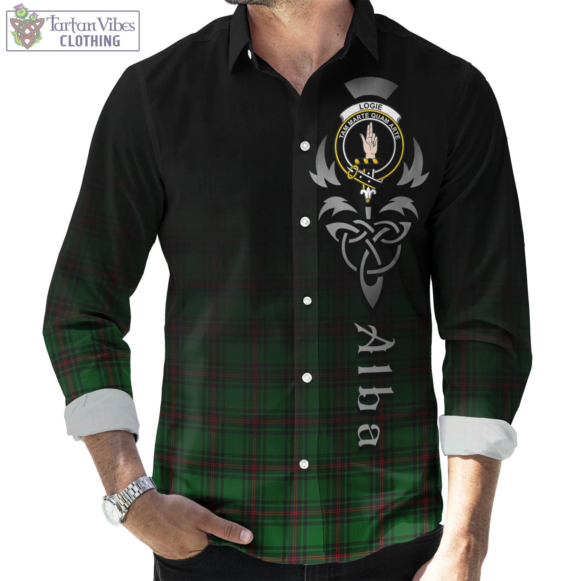 Tartan Vibes Clothing Logie Tartan Long Sleeve Button Up Featuring Alba Gu Brath Family Crest Celtic Inspired