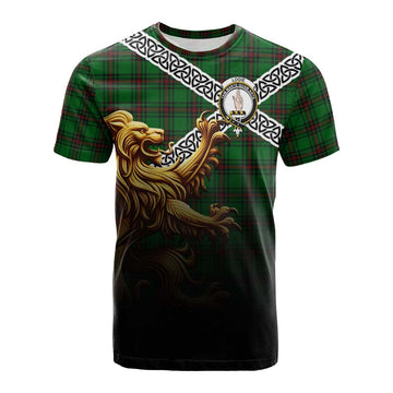 Tartan Vibes Clothing Logie Crest Tartan Cotton T-shirt with Golden Lion Emblem Celtic Style