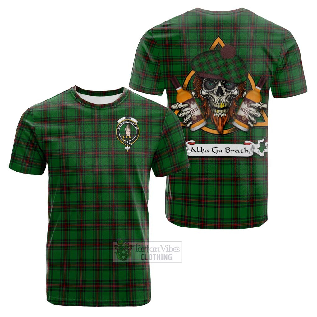 Tartan Vibes Clothing Logie Tartan Cotton T-shirt with Family Crest and Bearded Skull Holding Bottles of Whiskey