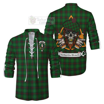 Logie Tartan Ghillie Kilt Shirt with Family Crest and Bearded Skull Holding Bottles of Whiskey Men - Tartan Vibes Clothing