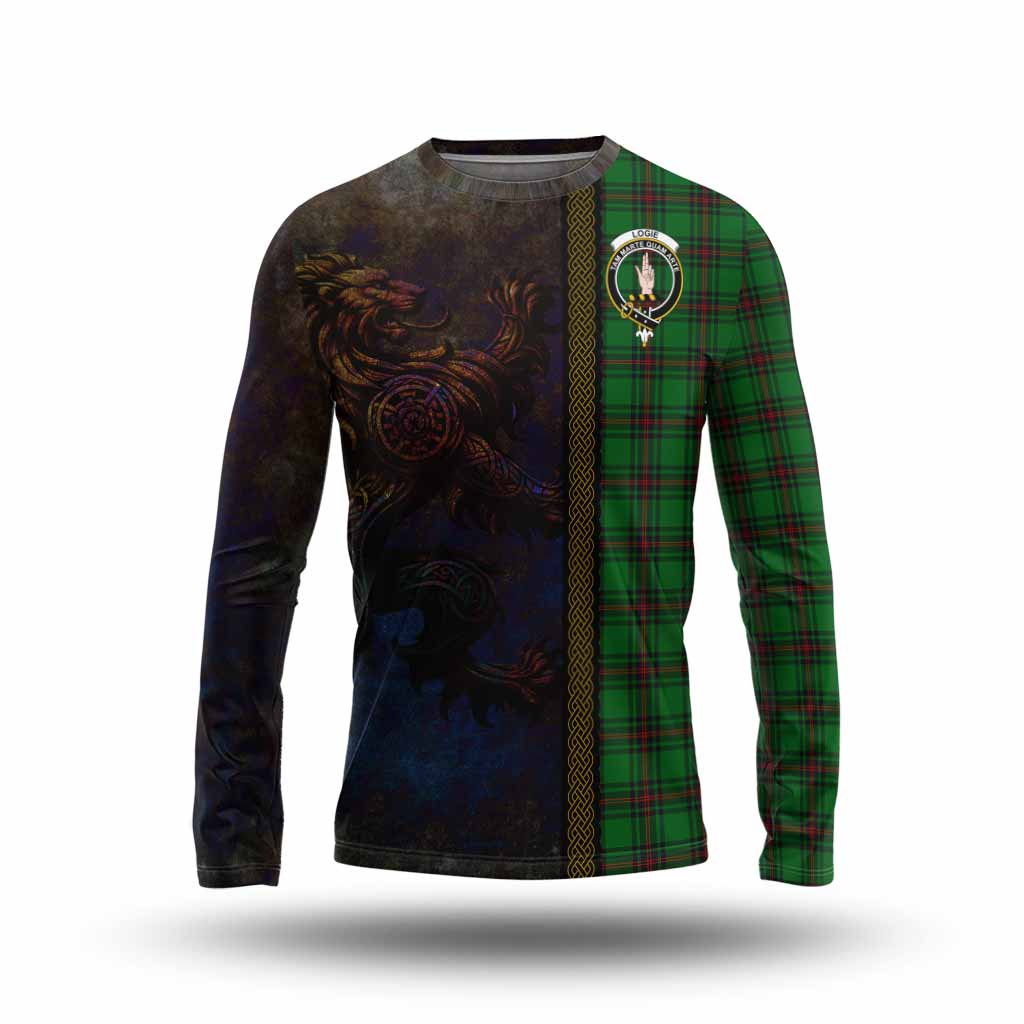 Tartan Vibes Clothing Logie Tartan Family Crest Long Sleeve T-Shirt Alba Gu Brath Be Brave Lion Ancient Style