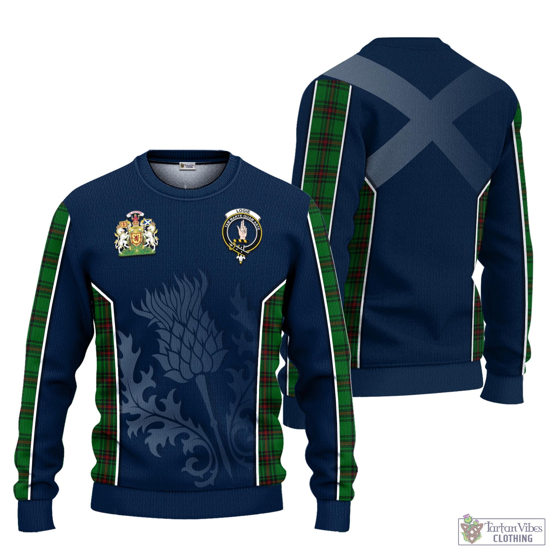 Logie Tartan Knitted Sweatshirt with Family Crest and Scottish Thistle Vibes Sport Style Unisex - Tartan Vibes Clothing