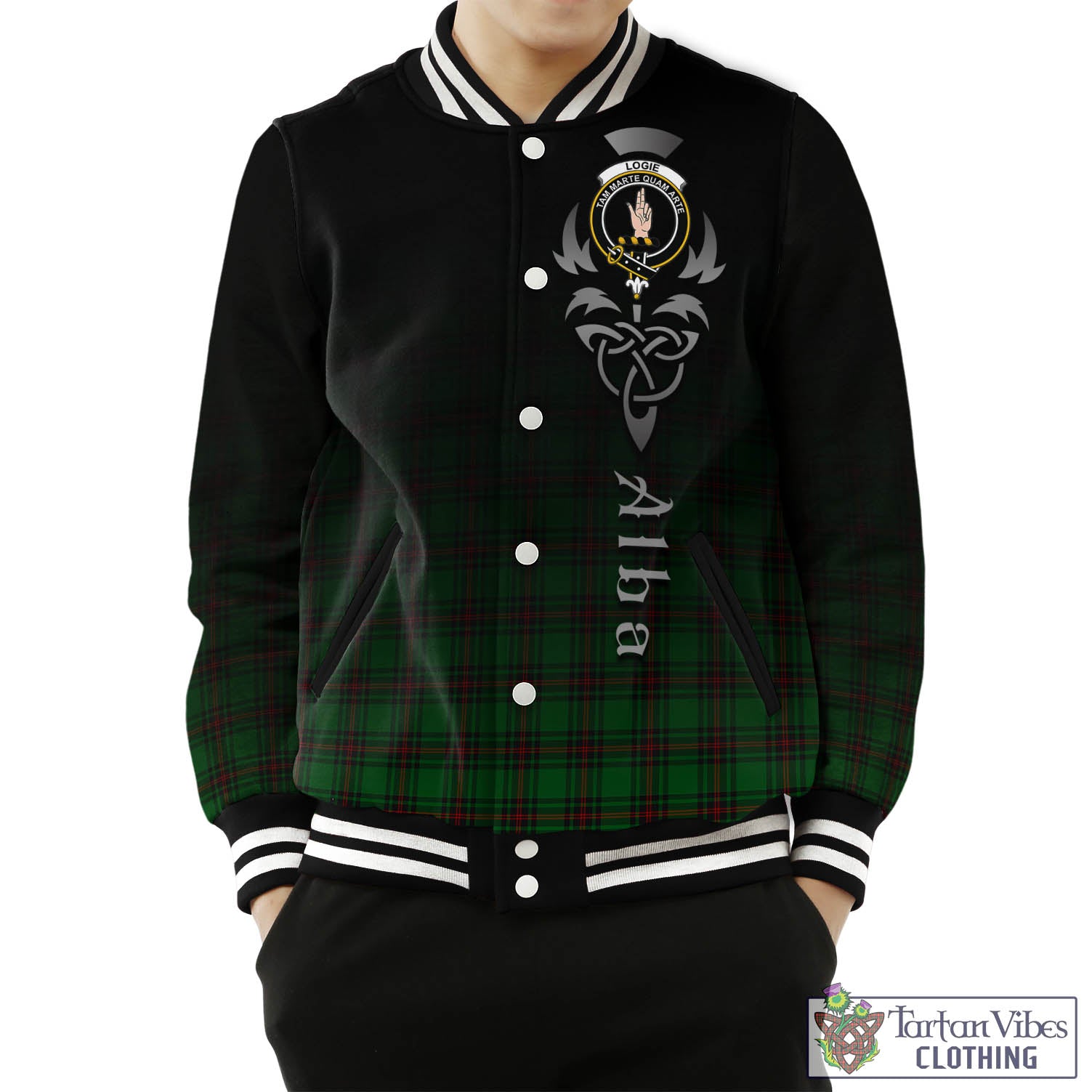 Logie Tartan Baseball Jacket Featuring Alba Gu Brath Family Crest Celtic Inspired Unisex - Tartan Vibes Clothing