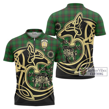 Logie Tartan Zipper Polo Shirt with Family Crest Celtic Wolf Style Unisex - Tartan Vibes Clothing
