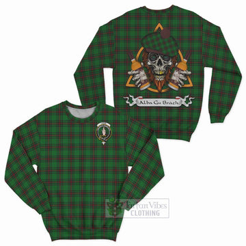 Logie Tartan Sweatshirt with Family Crest and Bearded Skull Holding Bottles of Whiskey Unisex - Tartan Vibes Clothing