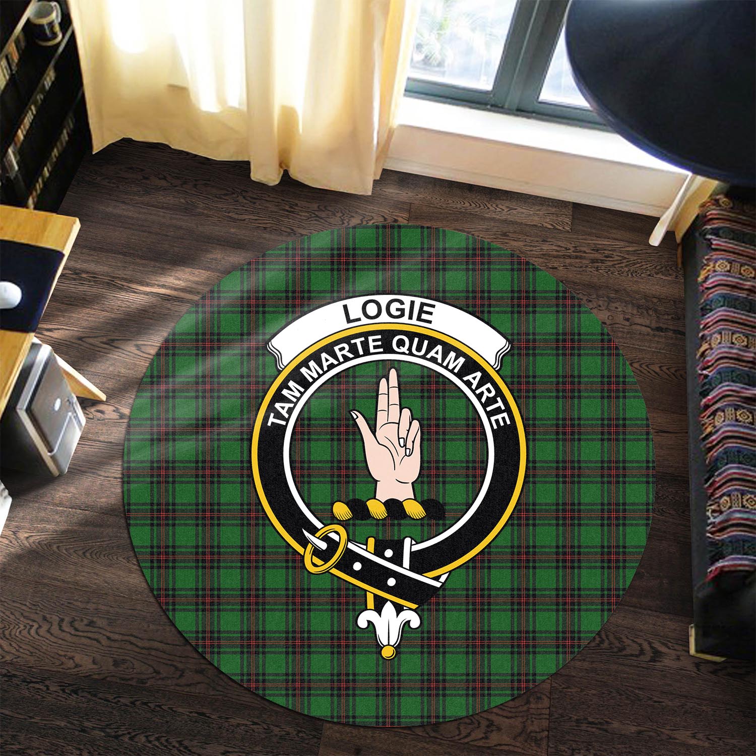 Logie Tartan Round Rug with Family Crest Premium Round Rug - Tartan Vibes Clothing