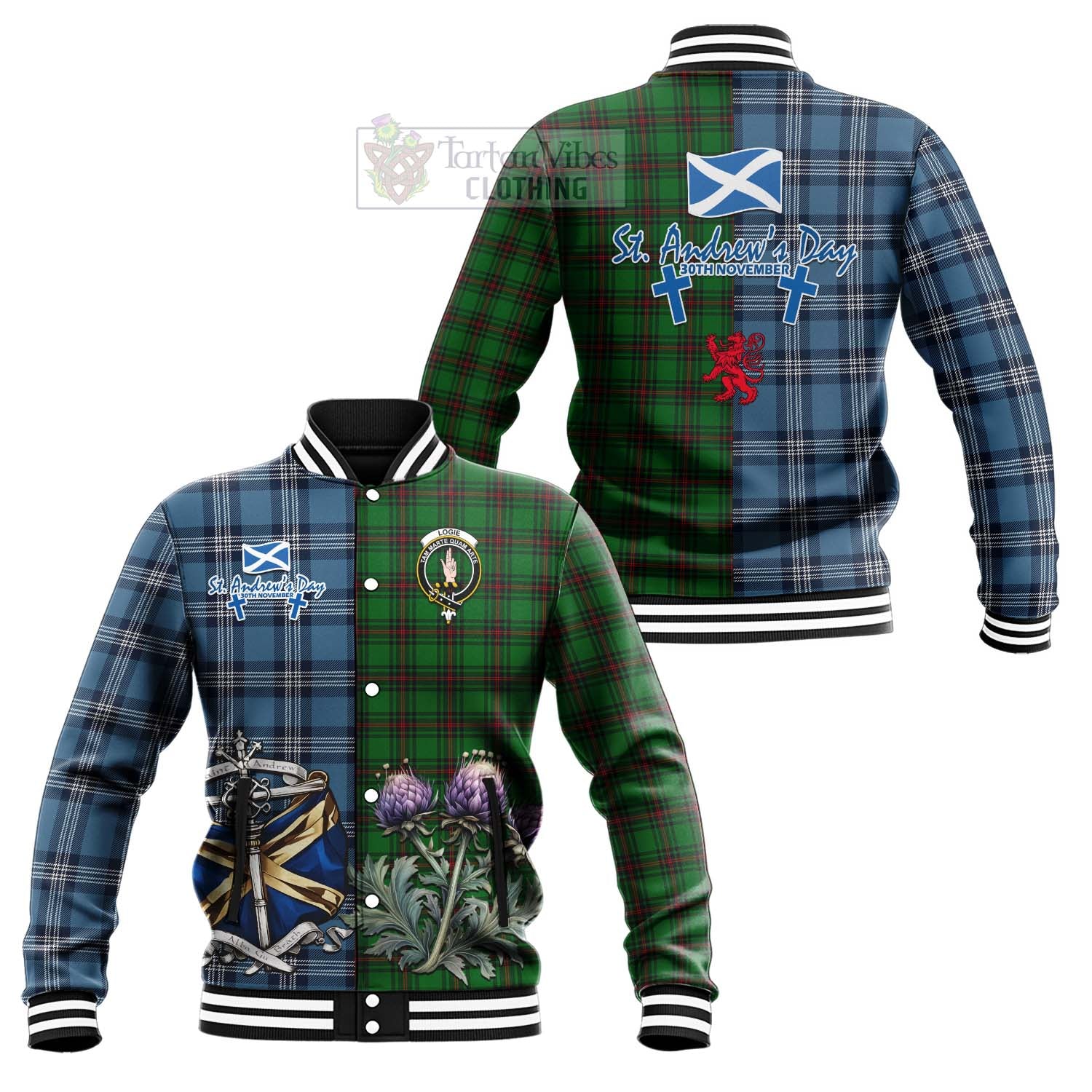Logie Tartan Baseball Jacket Happy St. Andrew's Day Half Tartan Style Unisex - Tartan Vibes Clothing