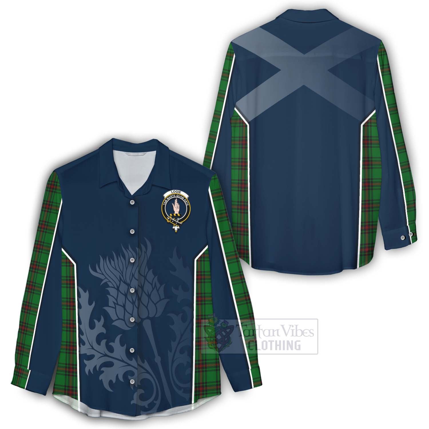 Tartan Vibes Clothing Logie Tartan Women's Casual Shirt with Family Crest and Scottish Thistle Vibes Sport Style