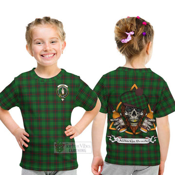 Logie Tartan Kid T-Shirt with Family Crest and Bearded Skull Holding Bottles of Whiskey - Tartan Vibes Clothing