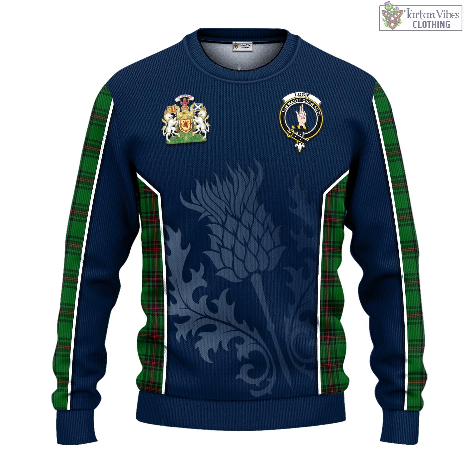 Logie Tartan Knitted Sweatshirt with Family Crest and Scottish Thistle Vibes Sport Style - Tartan Vibes Clothing