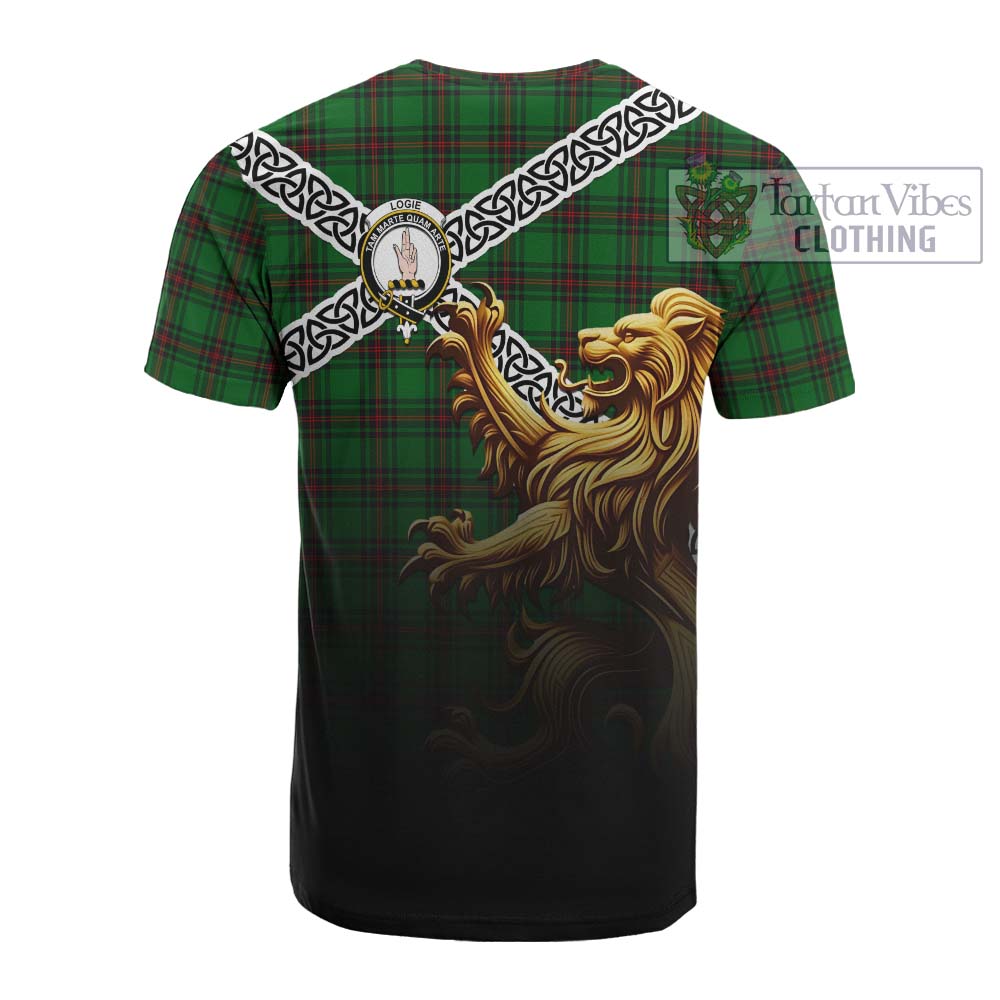 Tartan Vibes Clothing Logie Crest Tartan Cotton T-shirt with Golden Lion Emblem Celtic Style
