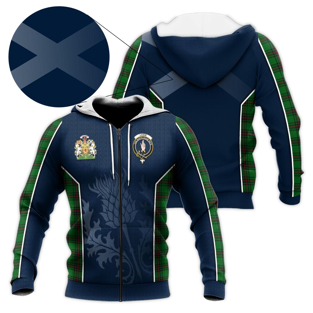 Tartan Vibes Clothing Logie Tartan Knitted Hoodie with Family Crest and Scottish Thistle Vibes Sport Style