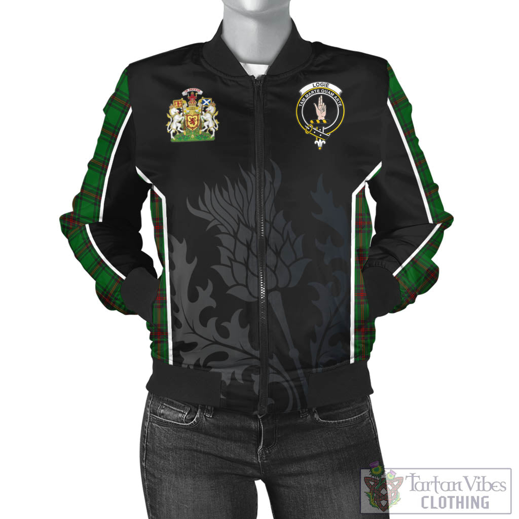 Tartan Vibes Clothing Logie Tartan Bomber Jacket with Family Crest and Scottish Thistle Vibes Sport Style