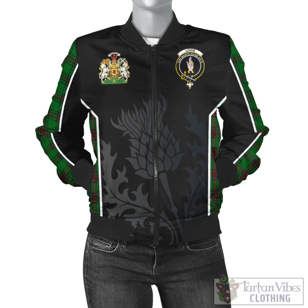 Logie Tartan Bomber Jacket with Family Crest and Scottish Thistle Vibes Sport Style - Tartan Vibes Clothing