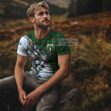 Logie Tartan T-Shirt with Family Crest and St. Andrew's Cross Accented by Thistle Vines - Tartan Vibes Clothing