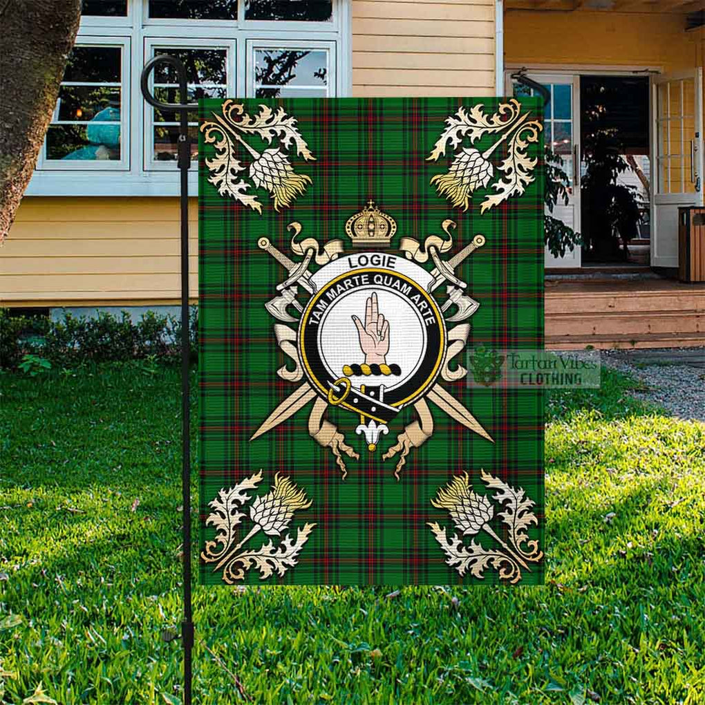 Logie Tartan Garden Flag with Family Crest and Golden Thistle Crossed Sword Design Garden Flag - Tartan Vibes Clothing