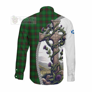 Logie Tartan Long Sleeve Button Shirt with Family Crest and St. Andrew's Cross Accented by Thistle Vines Men's Shirt - Tartan Vibes Clothing