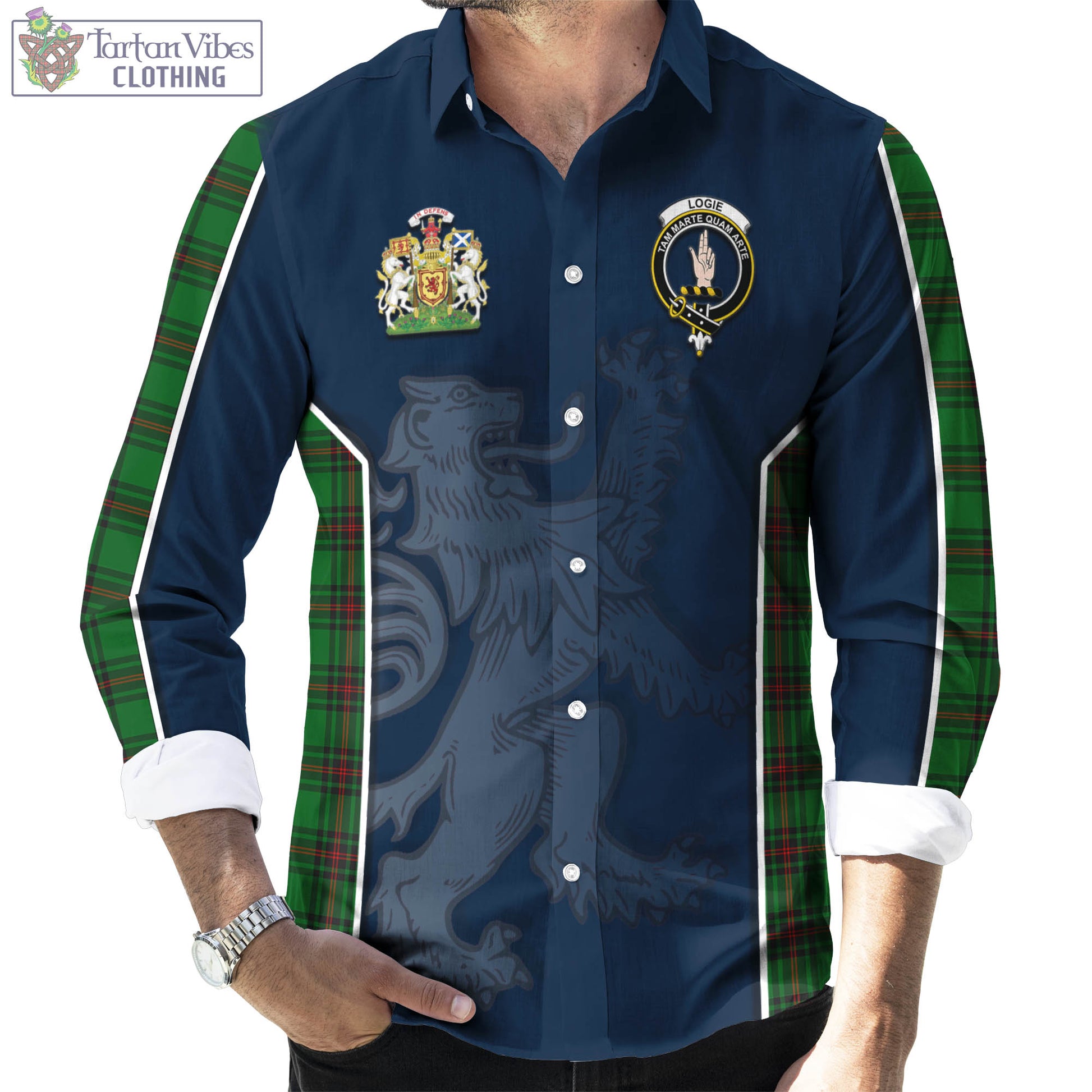 Tartan Vibes Clothing Logie Tartan Long Sleeve Button Up Shirt with Family Crest and Lion Rampant Vibes Sport Style