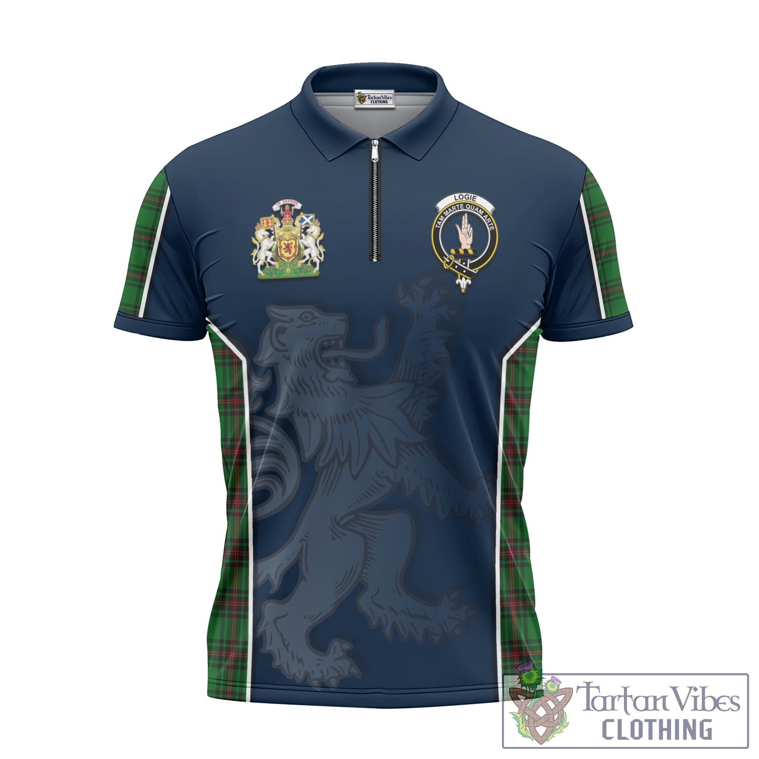 Tartan Vibes Clothing Logie Tartan Zipper Polo Shirt with Family Crest and Lion Rampant Vibes Sport Style