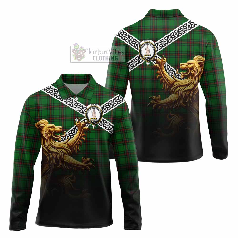 Logie Crest Tartan Long Sleeve Polo Shirt with Golden Lion Emblem Celtic Style - Tartan Vibes Clothing