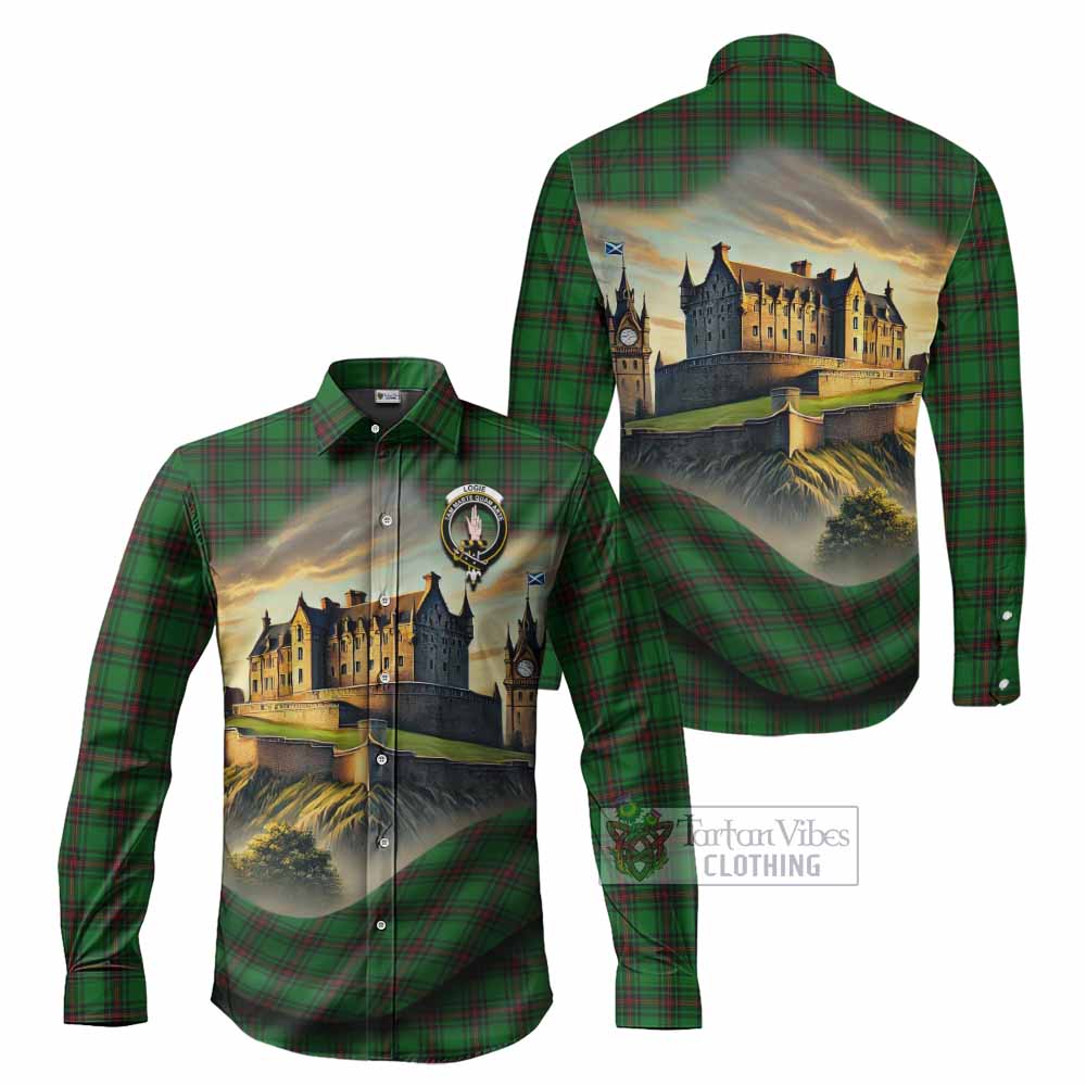 Tartan Vibes Clothing Logie Tartan Family Crest Long Sleeve Button Shirt with Scottish Ancient Castle Style