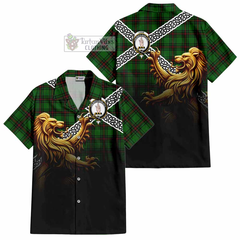 Logie Crest Tartan Hawaiian Shirt with Golden Lion Emblem Celtic Style - Tartan Vibes Clothing