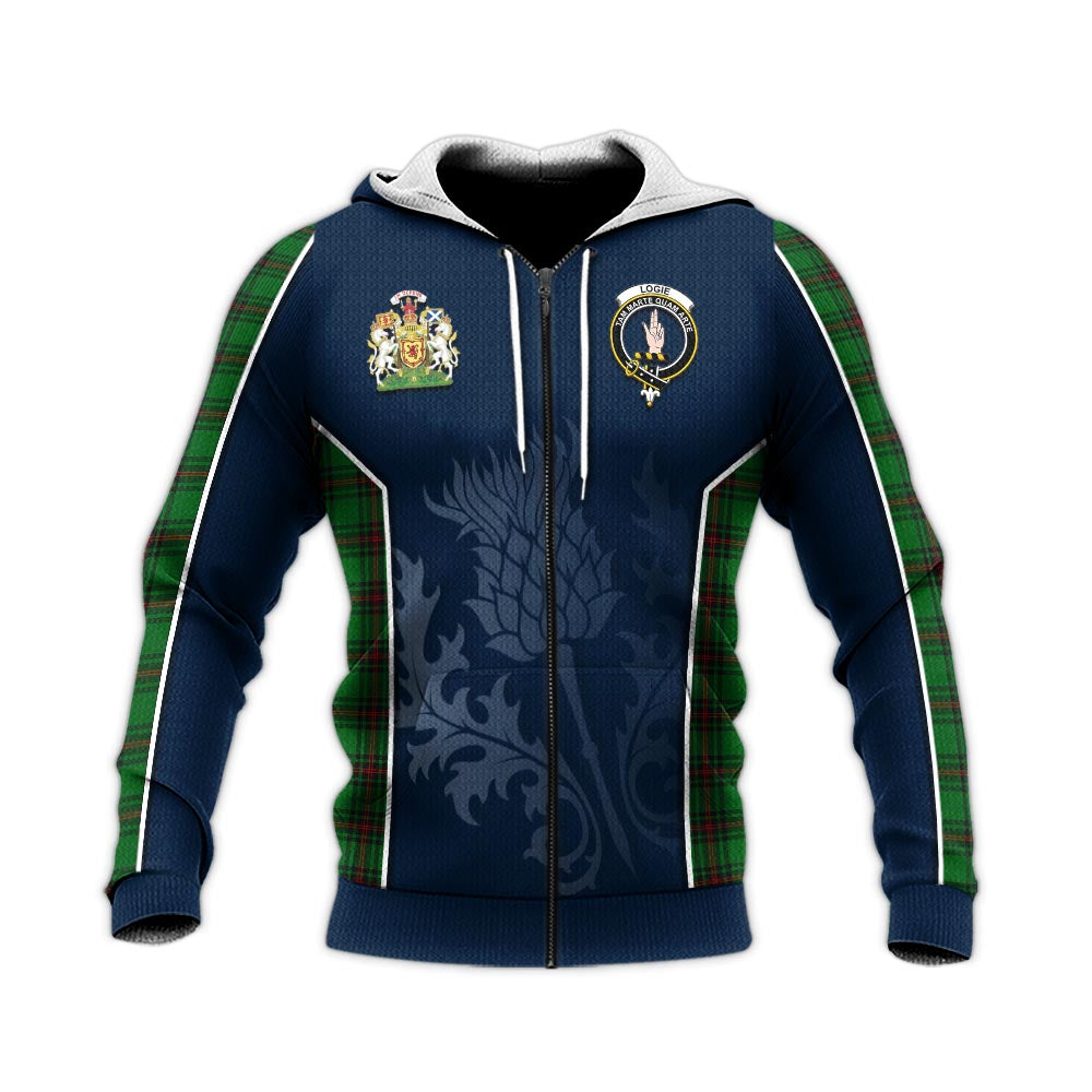 Tartan Vibes Clothing Logie Tartan Knitted Hoodie with Family Crest and Scottish Thistle Vibes Sport Style