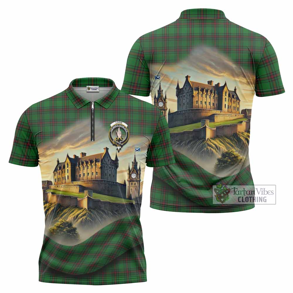 Logie Tartan Family Crest Zipper Polo Shirt with Scottish Ancient Castle Style - Tartan Vibes Clothing