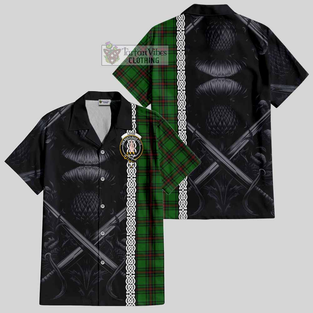 Logie Tartan Hawaiian Shirt with Family Crest Cross Sword Thistle Celtic Vibes - Tartan Vibes Clothing