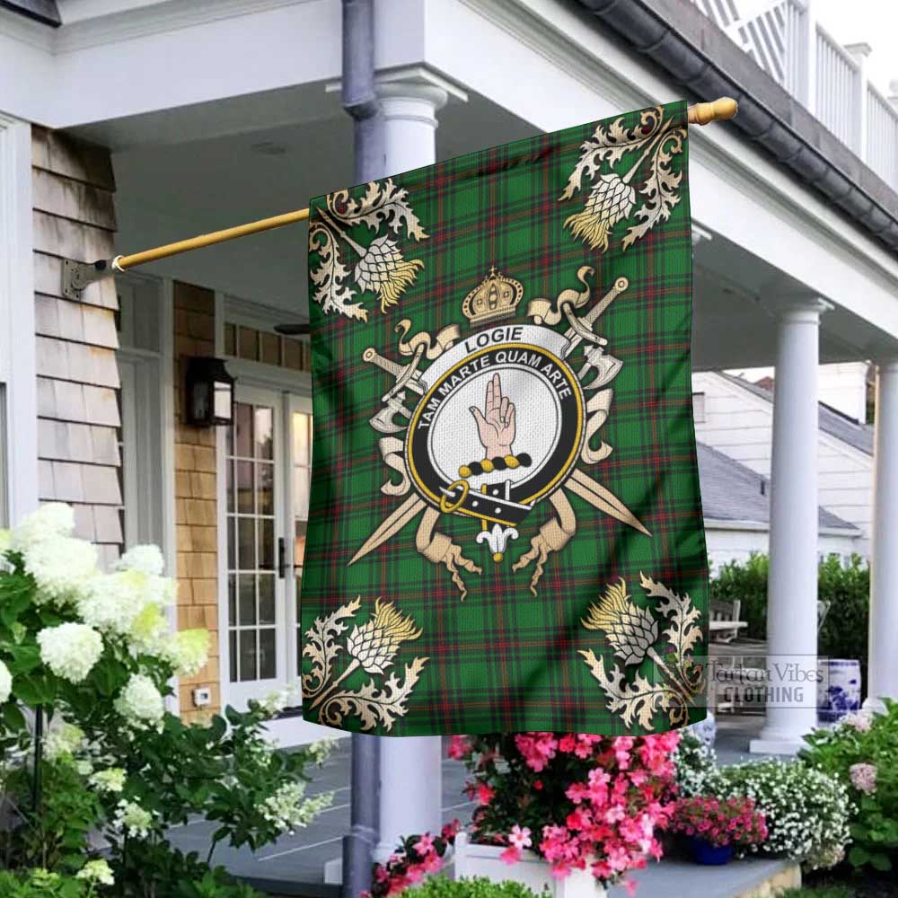 Logie Tartan Garden Flag with Family Crest and Golden Thistle Crossed Sword Design - Tartan Vibes Clothing