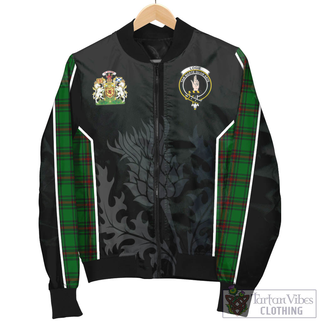 Tartan Vibes Clothing Logie Tartan Bomber Jacket with Family Crest and Scottish Thistle Vibes Sport Style