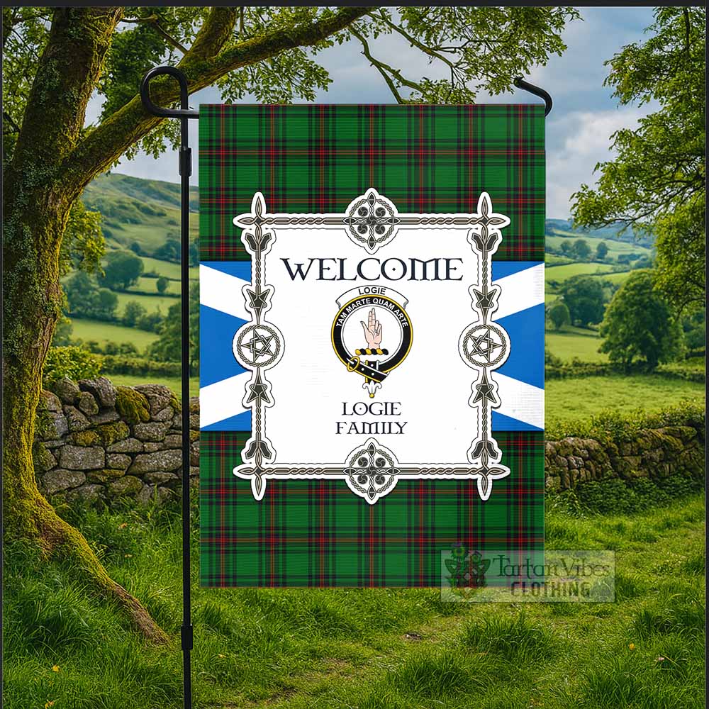 Logie Family Crest Tartan Welcome Garden Flag Saltire Harmony Style - Tartan Vibes Clothing
