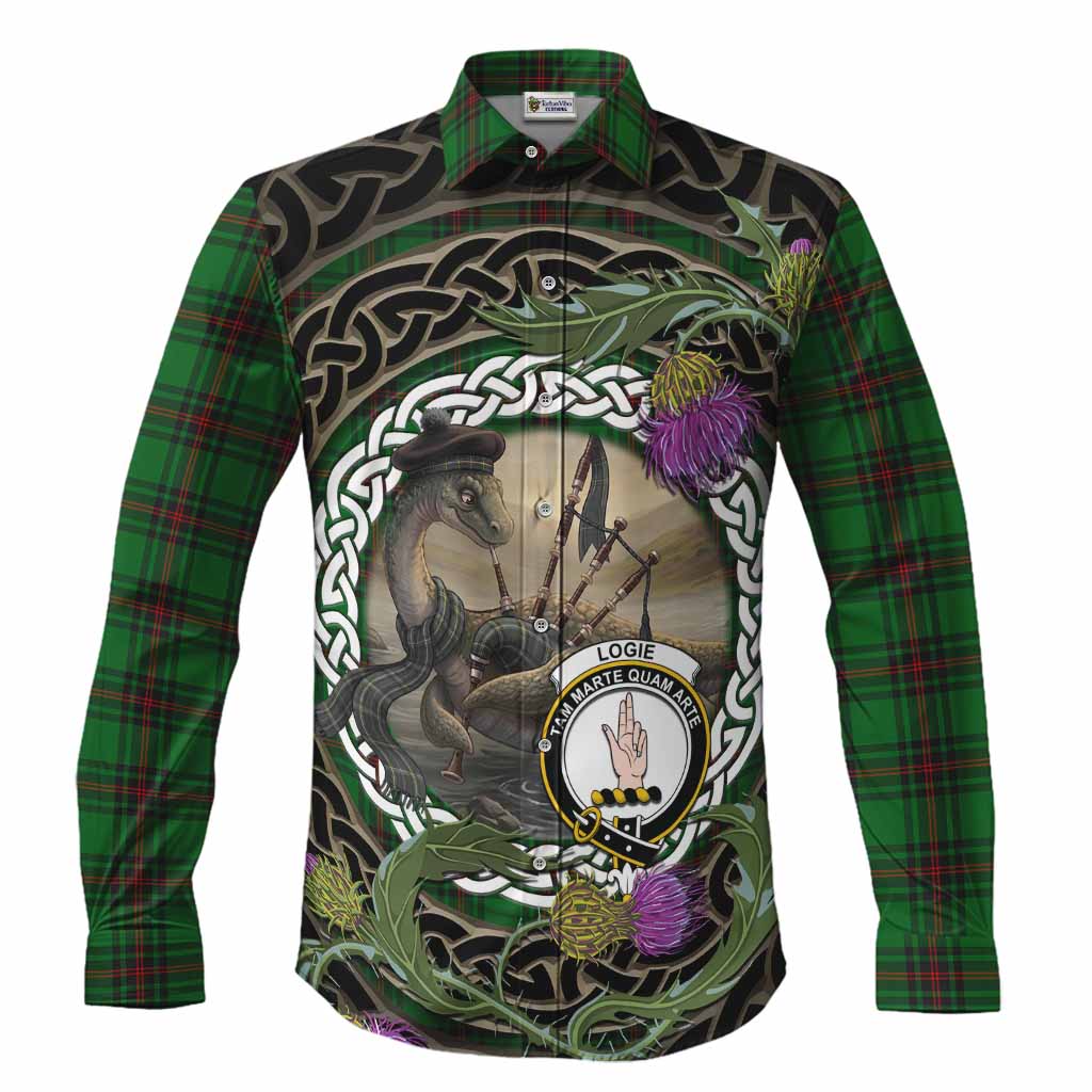 Logie Tartan Crest Bagpipe Nessie Long Sleeve Button Shirts Scottish Loch Ness Monster Celtic Thistle