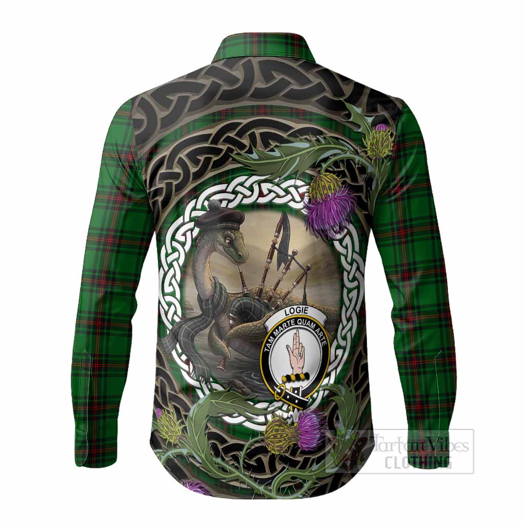 Logie Tartan Crest Bagpipe Nessie Long Sleeve Button Shirts Scottish Loch Ness Monster Celtic Thistle