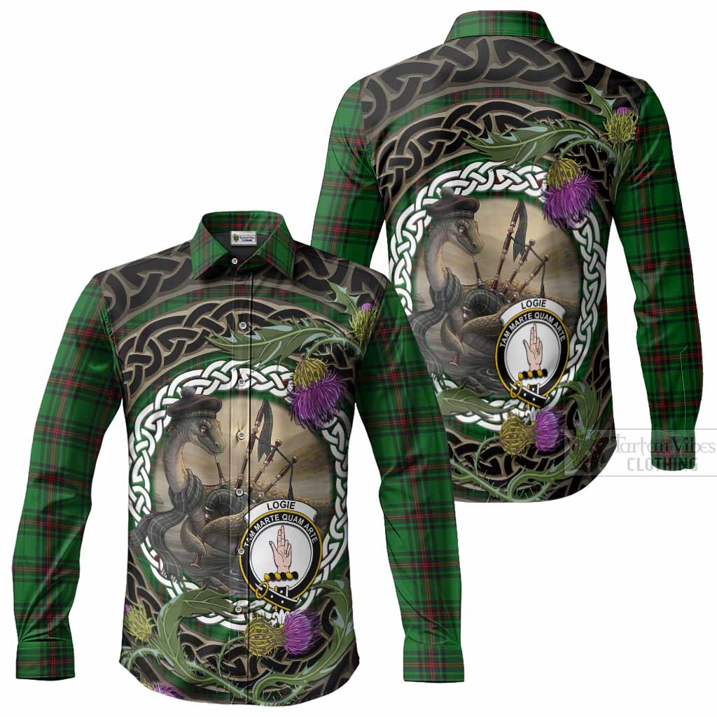 Logie Tartan Crest Bagpipe Nessie Long Sleeve Button Shirts Scottish Loch Ness Monster Celtic Thistle