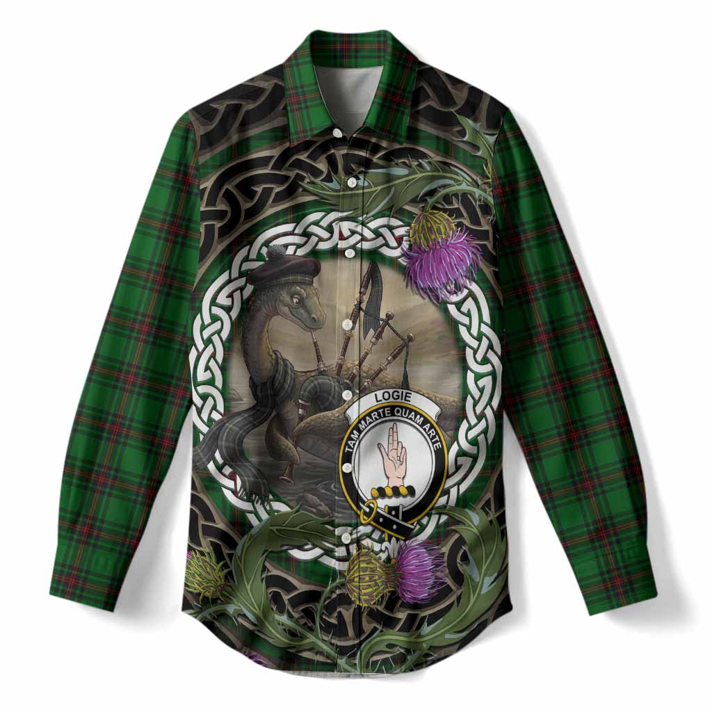 Logie Tartan Crest Bagpipe Nessie Women Casual Shirt Scottish Loch Ness Monster Celtic Thistle