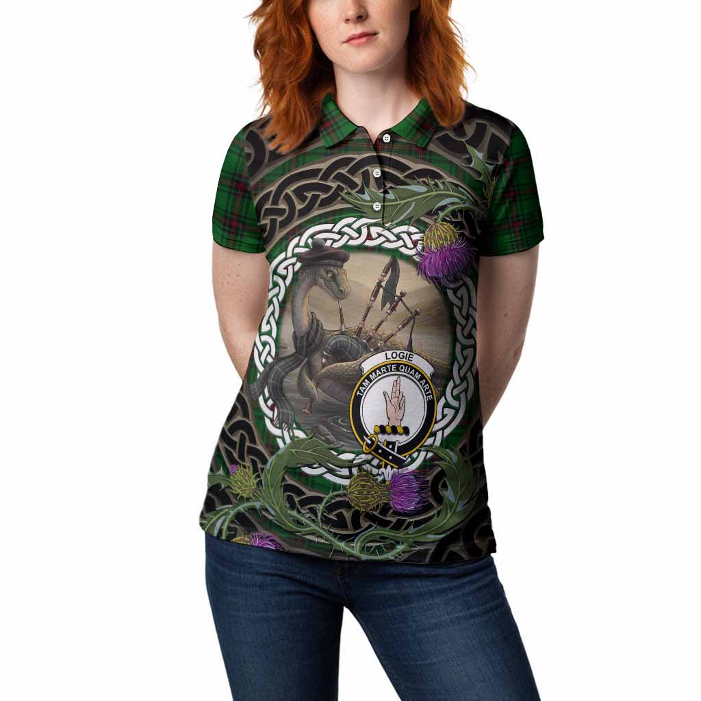 Logie Tartan Crest Bagpipe Nessie Women Polo Shirt Scottish Loch Ness Monster Celtic Thistle