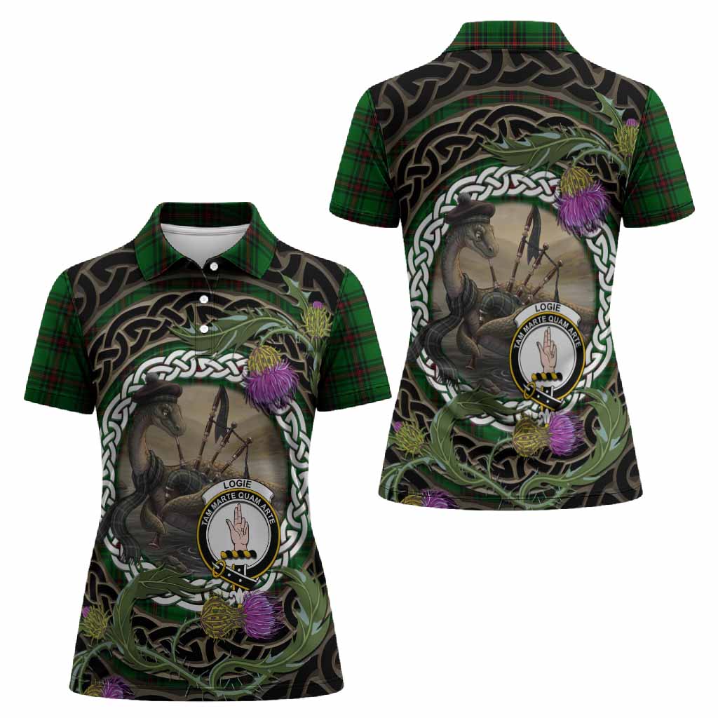 Logie Tartan Crest Bagpipe Nessie Women Polo Shirt Scottish Loch Ness Monster Celtic Thistle