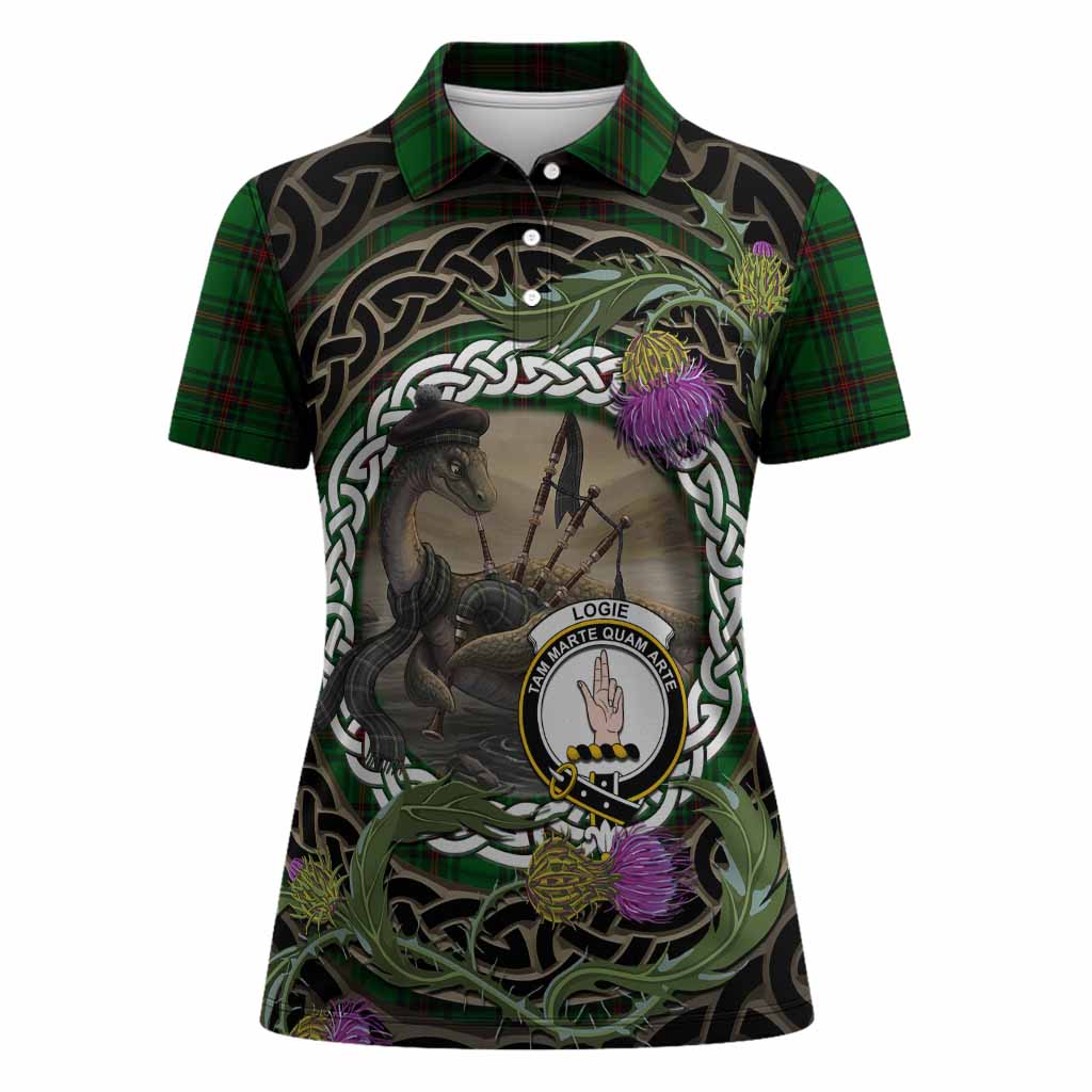 Logie Tartan Crest Bagpipe Nessie Women Polo Shirt Scottish Loch Ness Monster Celtic Thistle