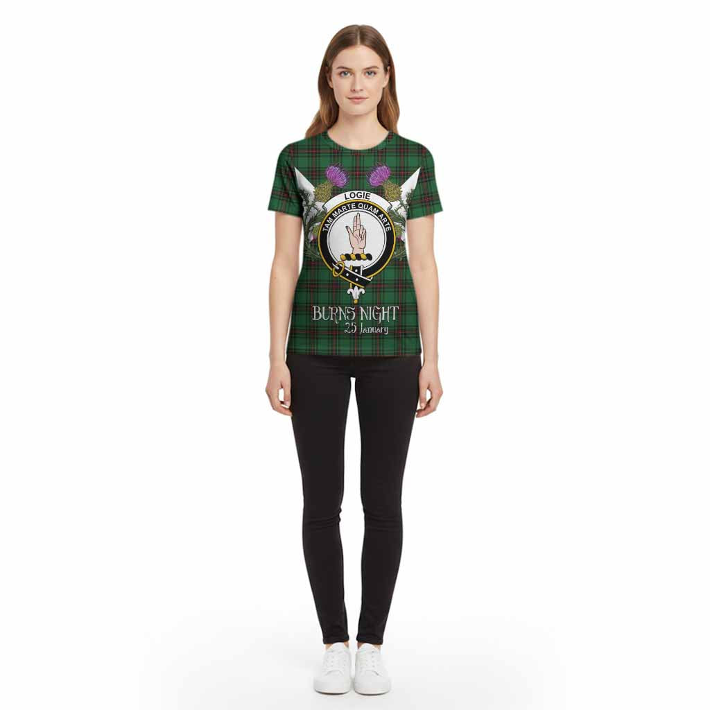 Logie Tartan Family Crest Cotton T-shirt Scottish Burns Night Thistle Floral