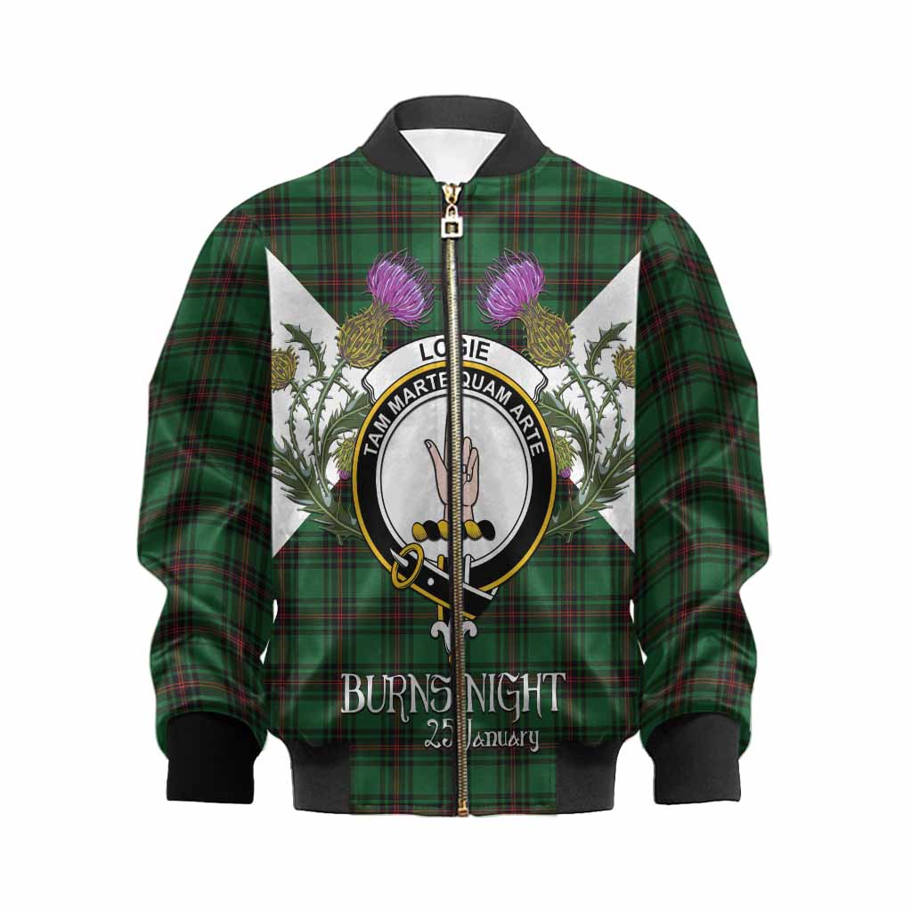 Logie Tartan Family Crest Kid Bomber Jacket Scottish Burns Night Thistle Floral