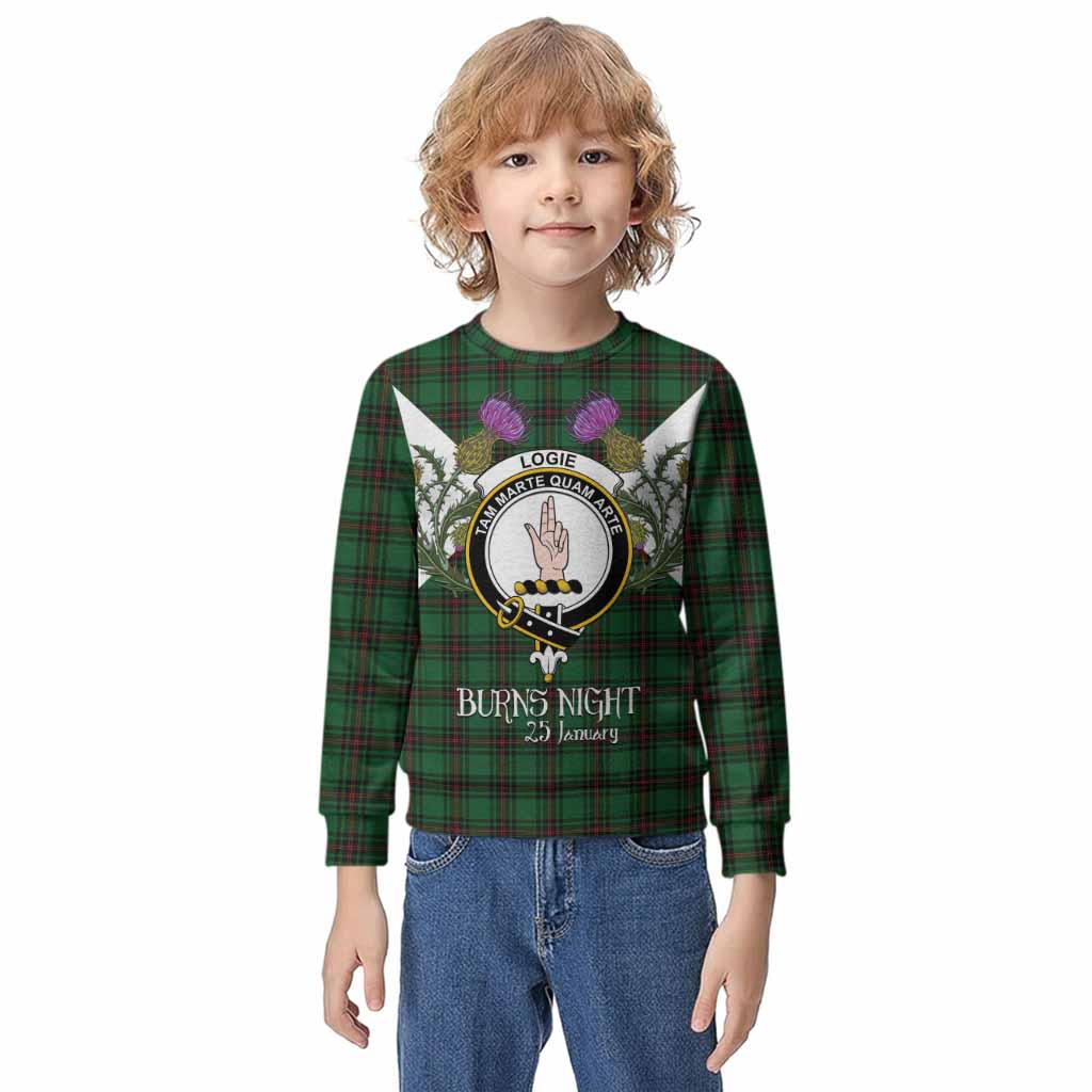 Logie Tartan Family Crest Kid Knitted Sweatshirt Scottish Burns Night Thistle Floral