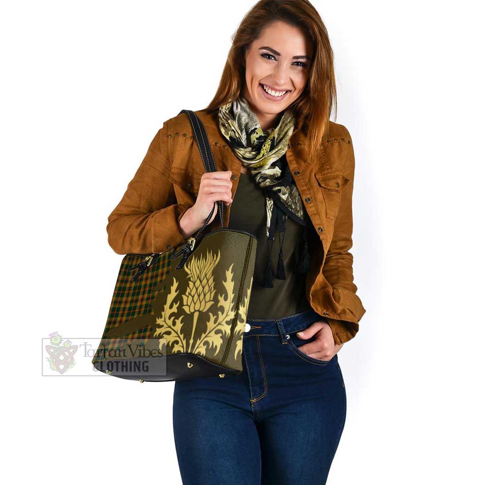 Tartan Vibes Clothing Londonderry (Derry) County Ireland Tartan Leather Tote Bag Gold Thistle Style