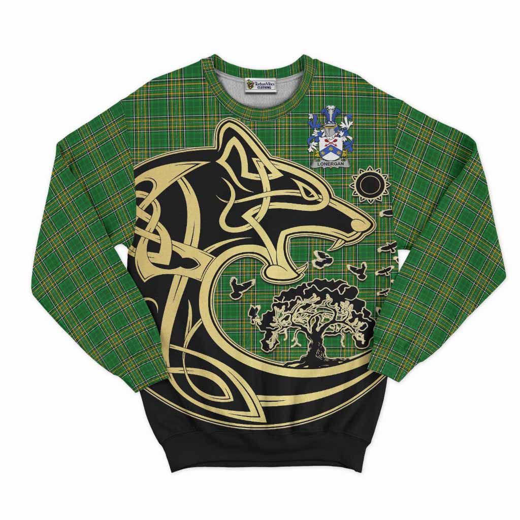 Tartan Vibes Clothing Lonergan Irish Tartan Sweatshirt with Coat of Arms Celtic Wolf Style