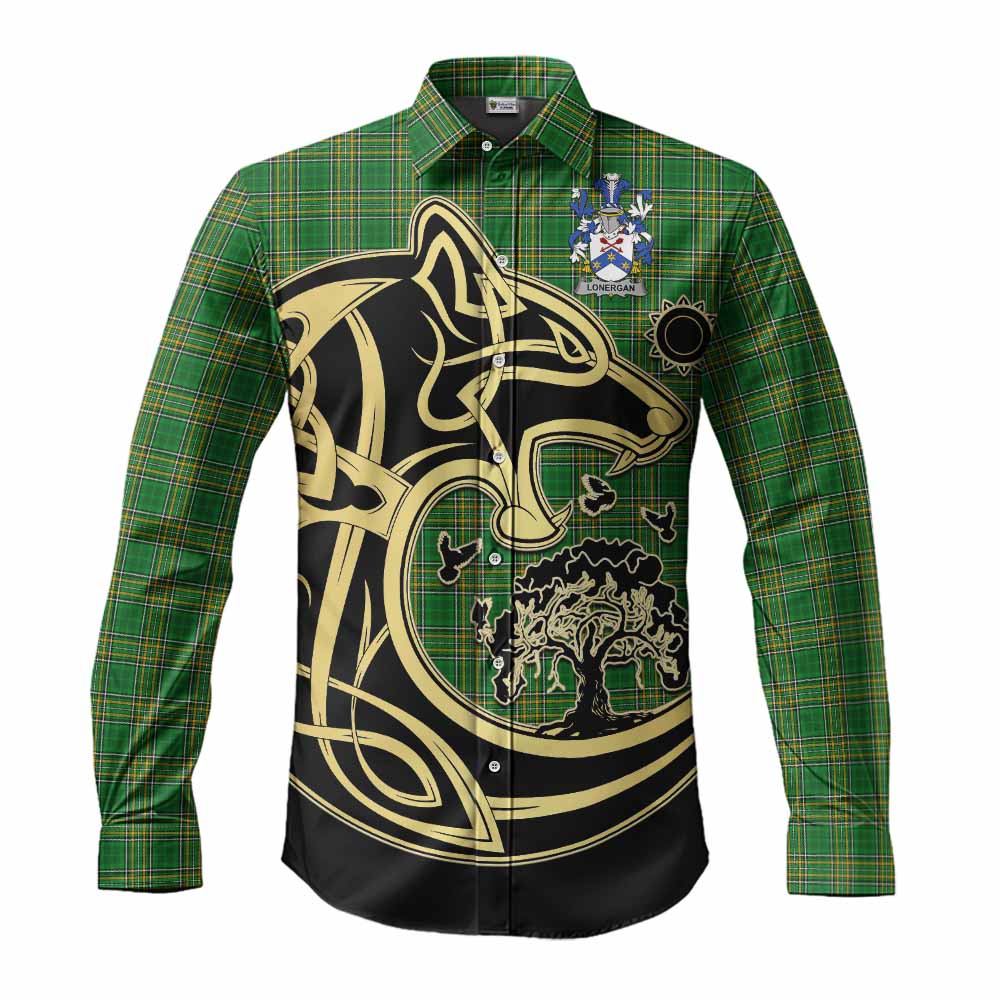 Tartan Vibes Clothing Lonergan Irish Tartan Long Sleeve Button Shirt with Coat of Arms Celtic Wolf Style