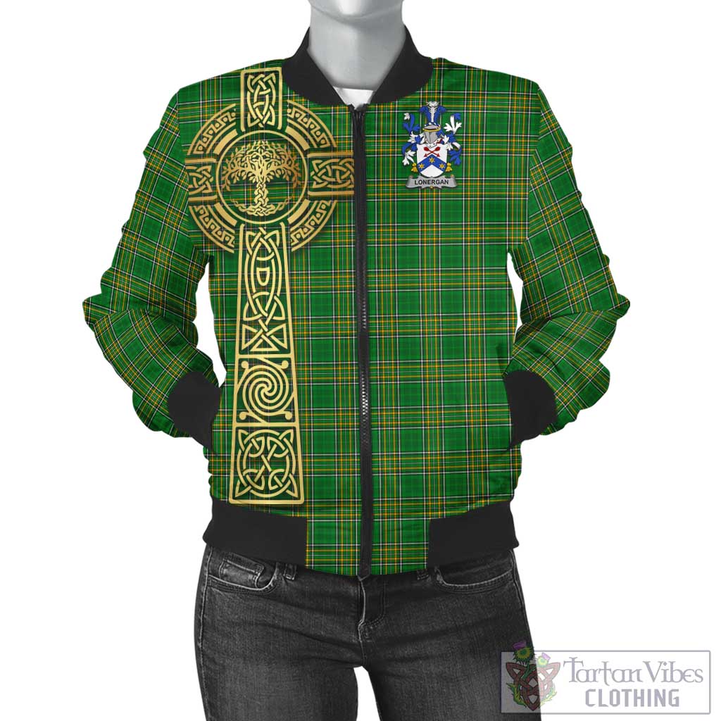 Tartan Vibes Clothing Lonergan Irish Clan Tartan Bomber Jacket with Coat of Arms Celtic Tree of Life Style