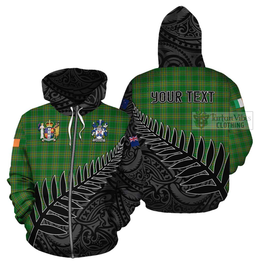 Tartan Vibes Clothing Lonergan Irish Clan Tartan Cotton Hoodie with Coat of Arms New Zealand Silver Fern Half Style